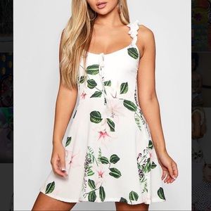 BooHoo Floral Ruffle Strap Ivory Skater Dress